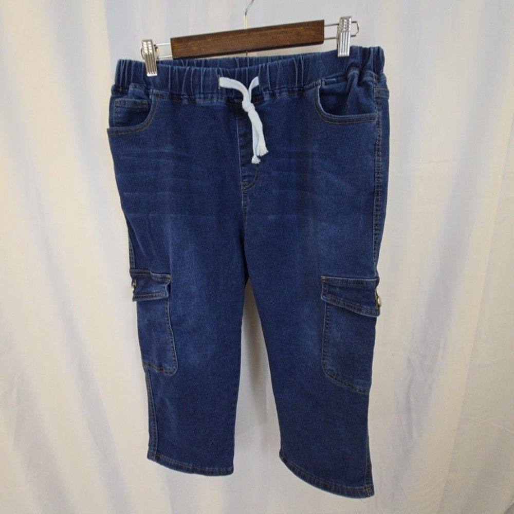 Capri Jeans Womens 2XL Blue Medium Wash Cargo Elastic Waist Stretch Drawstring
